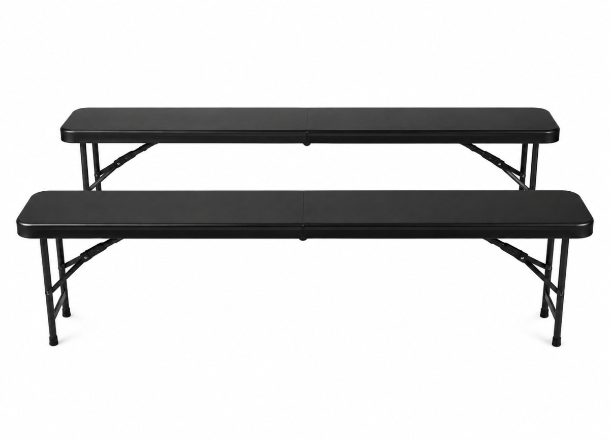 Skládací cateringový stůl 180 cm + 2 lavice zahradní černý Kempingový 00017966